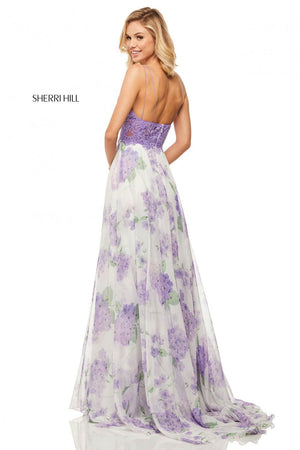 Sherri Hill 52857 dress images in these colors: Light Blue Ivory Print, Pink Ivory Print, Lilac Ivory Print.