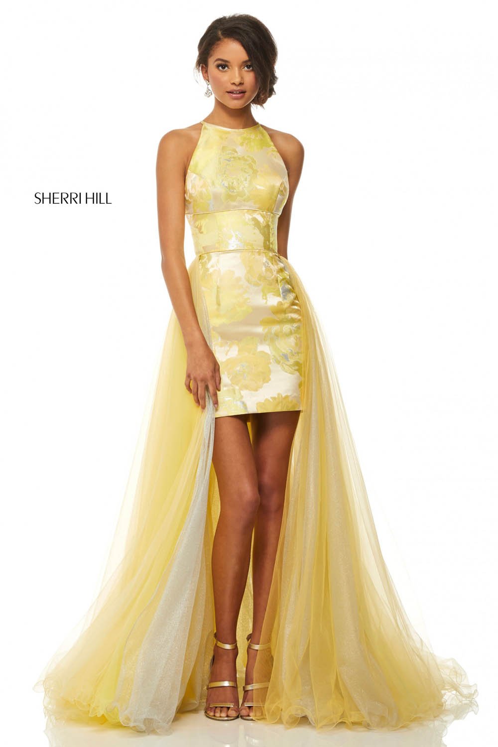 Sherri Hill 52859 dress images in these colors: Yellow Silver Print.