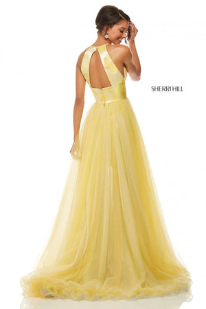 Sherri Hill 52859 dress images in these colors: Yellow Silver Print.