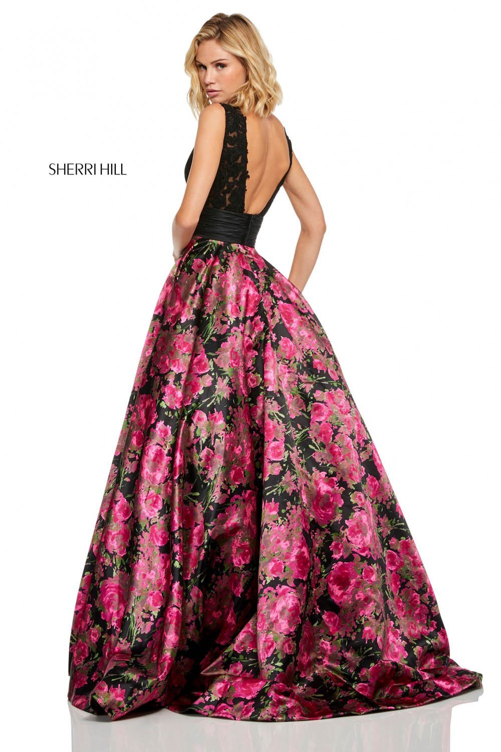 Sherri Hill 52861 dress images in these colors: Black Fuchsia Print.