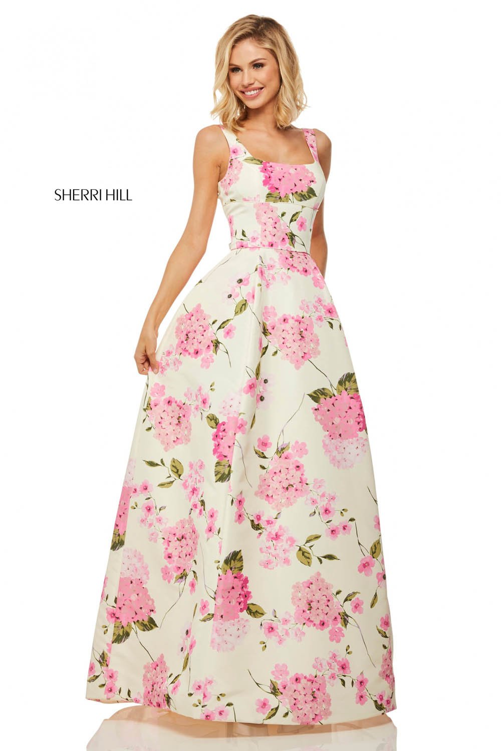 Sherri Hill 52862 dress images in these colors: Ivory Pink Print.