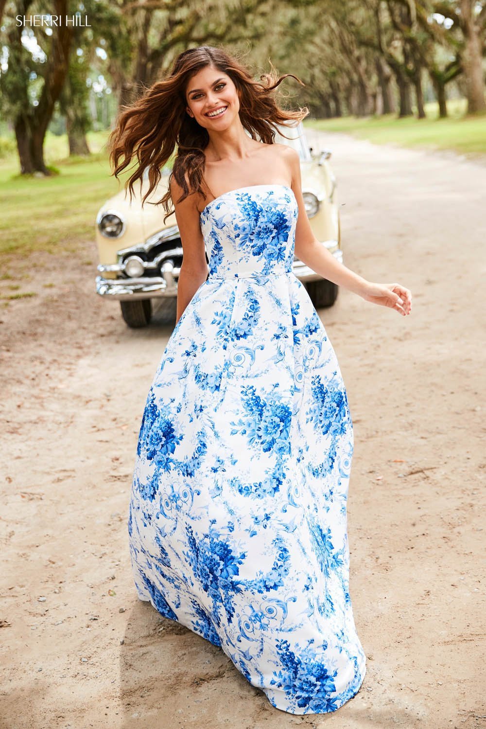 Sherri Hill 52864 dress images in these colors: Ivory Blue Print.