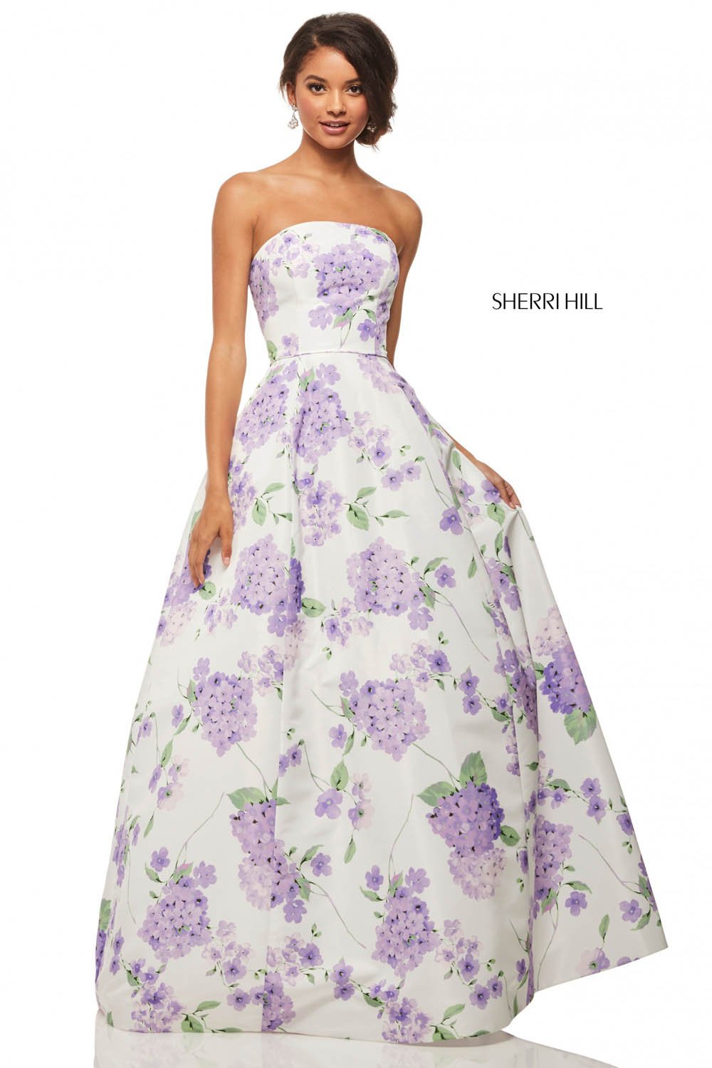 Sherri Hill 52865 dress images in these colors: Ivory Pink Print, Ivory Lilac Print.