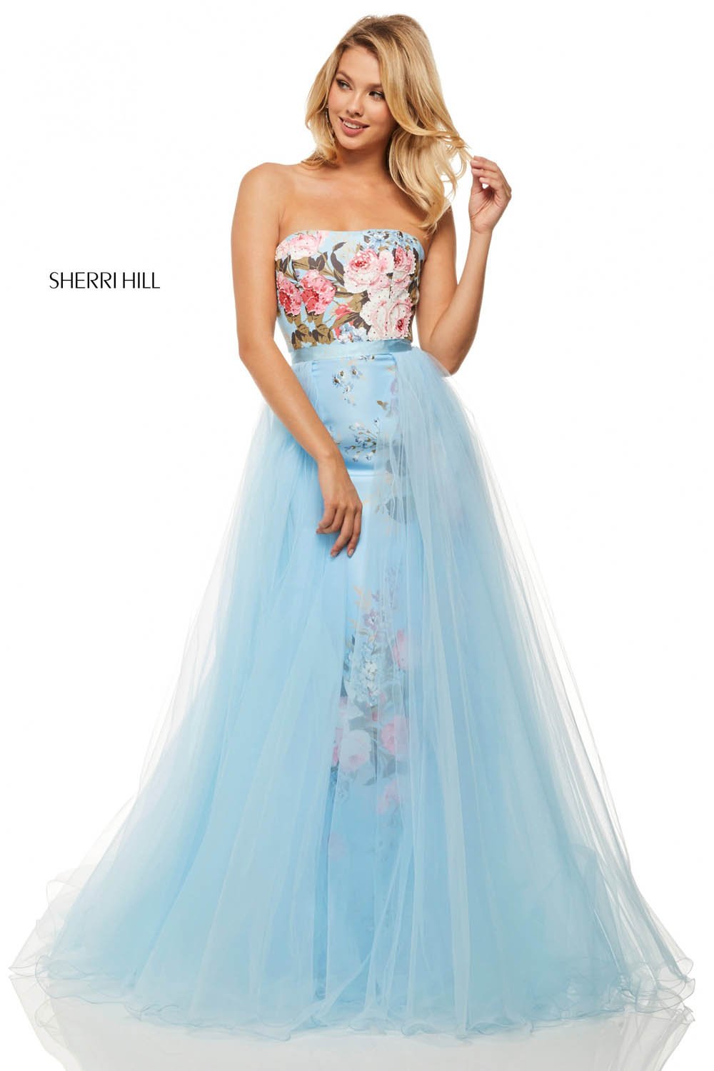 Sherri Hill 52869 dress images in these colors: Ivory Print, Light Blue Print.