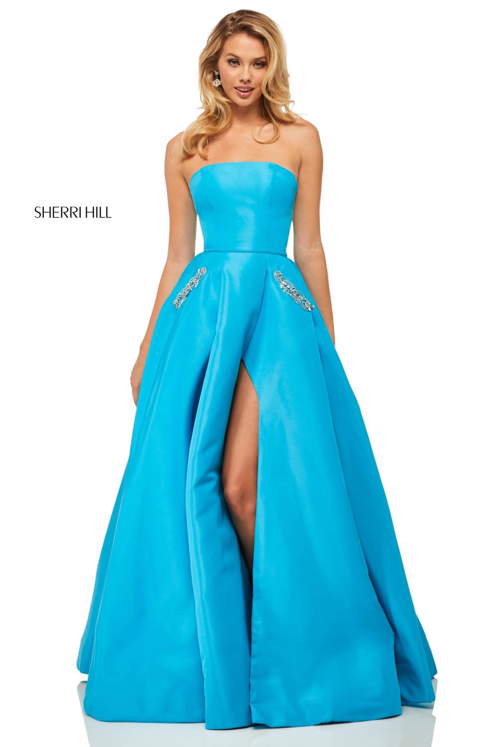 Sherri Hill 52871 dress images in these colors: Navy, Turquoise, Coral, Light Blue, Yellow, Black, Ivory.