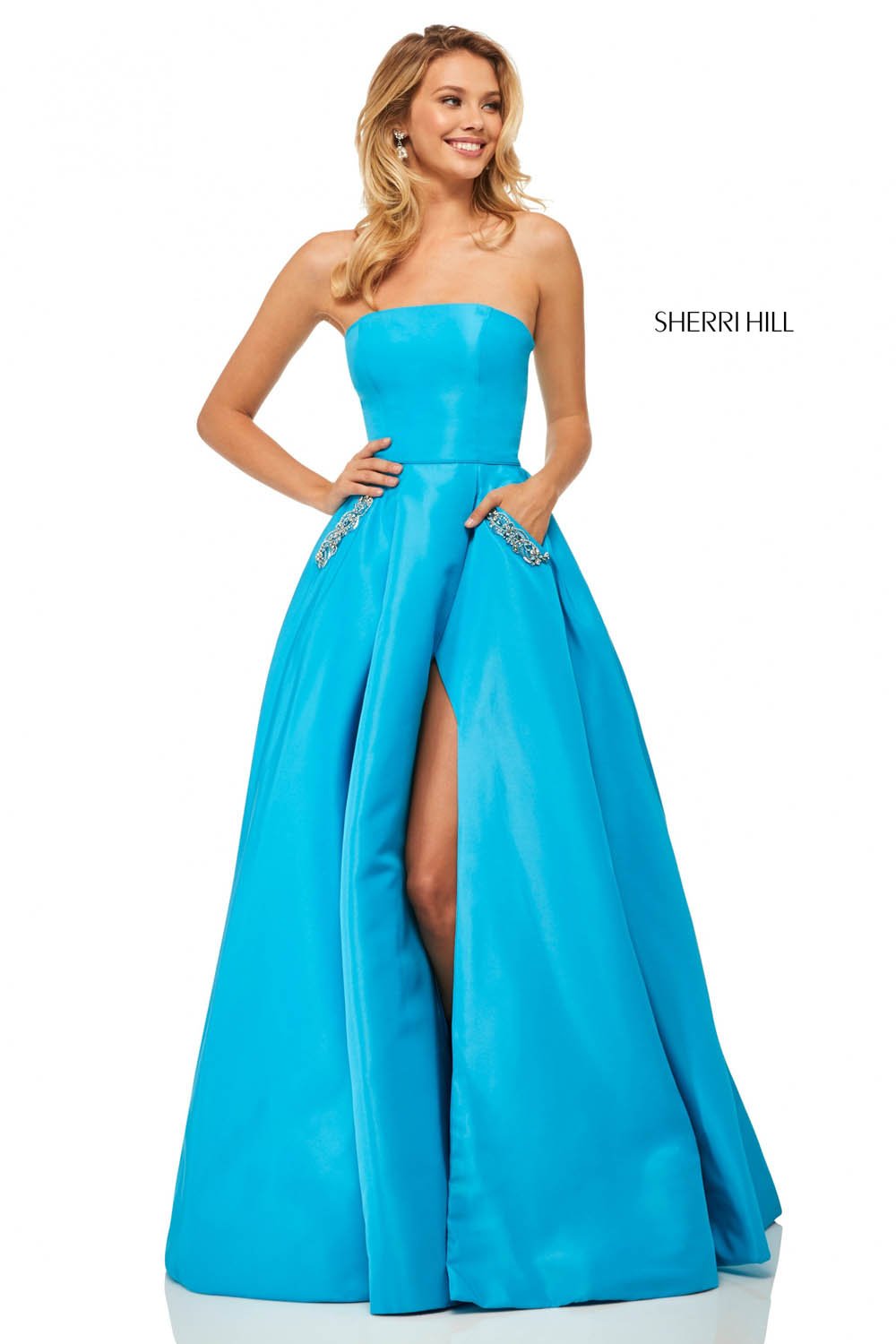 Sherri Hill 52871 dress images in these colors: Navy, Turquoise, Coral, Light Blue, Yellow, Black, Ivory.
