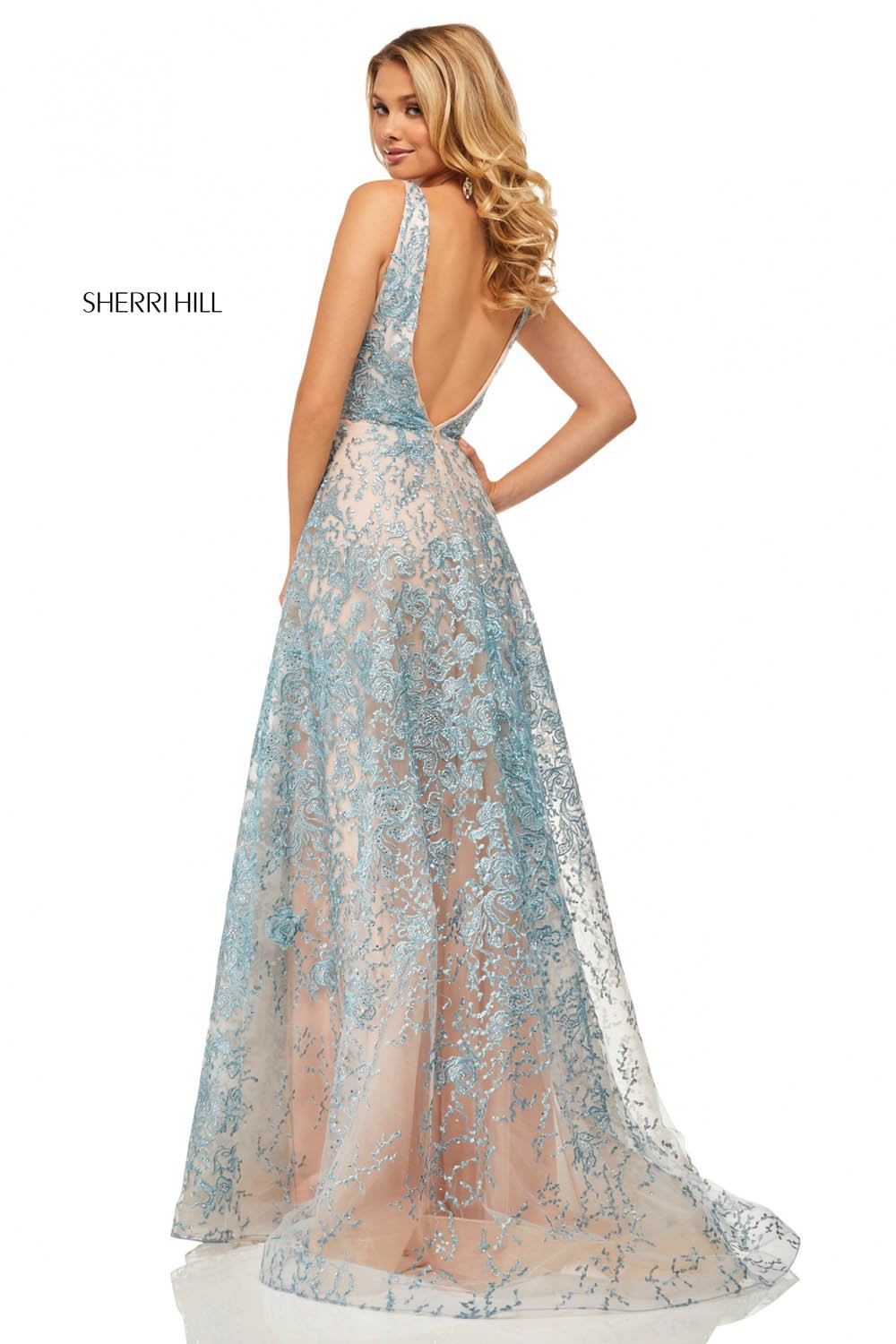 Sherri Hill 52877 dress images in these colors: Blush Nude, Ivory, Light Blue Nude.