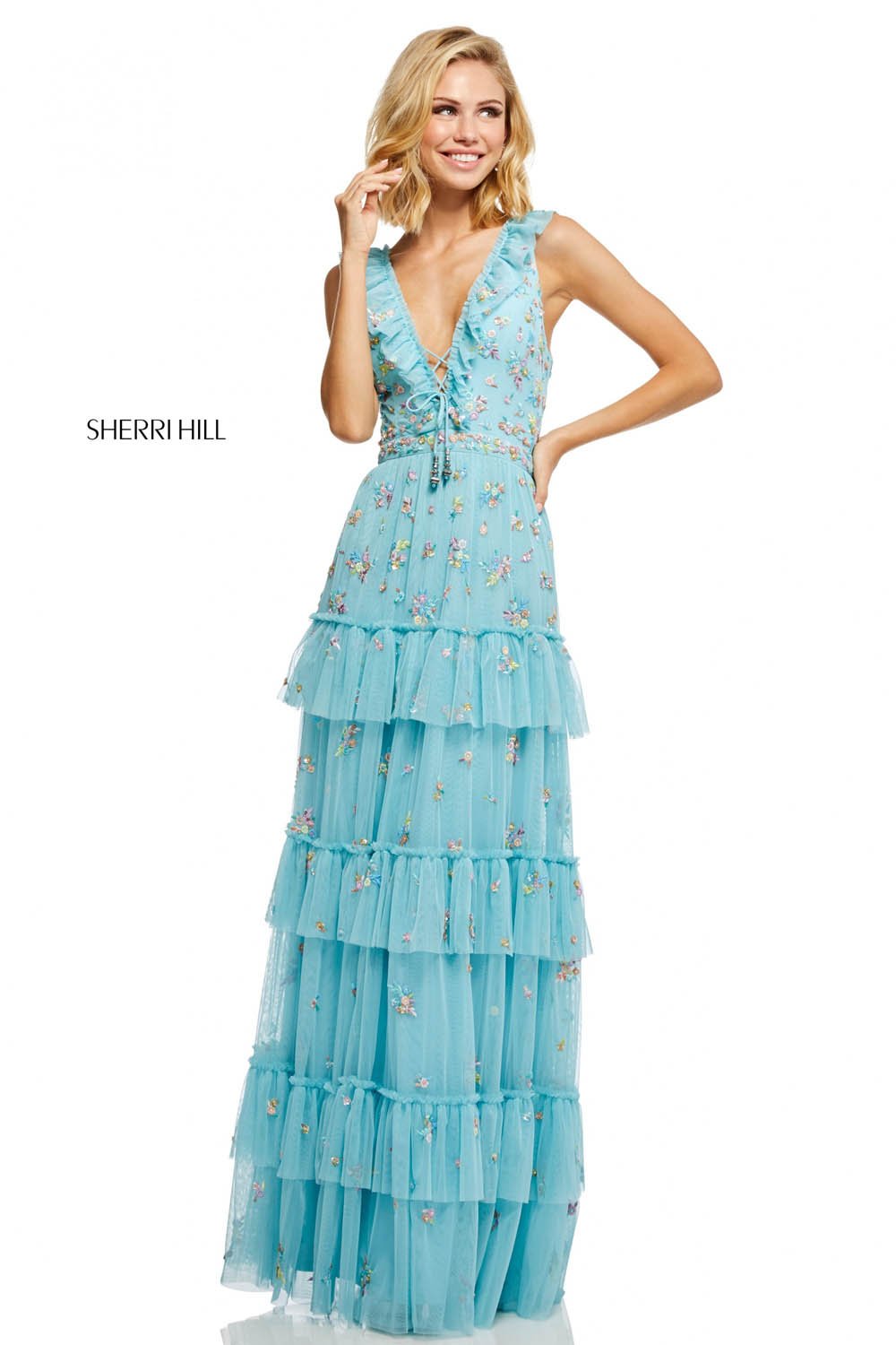 Sherri Hill 52884 dress images in these colors: Light Blue, Black, Coral, Yellow.