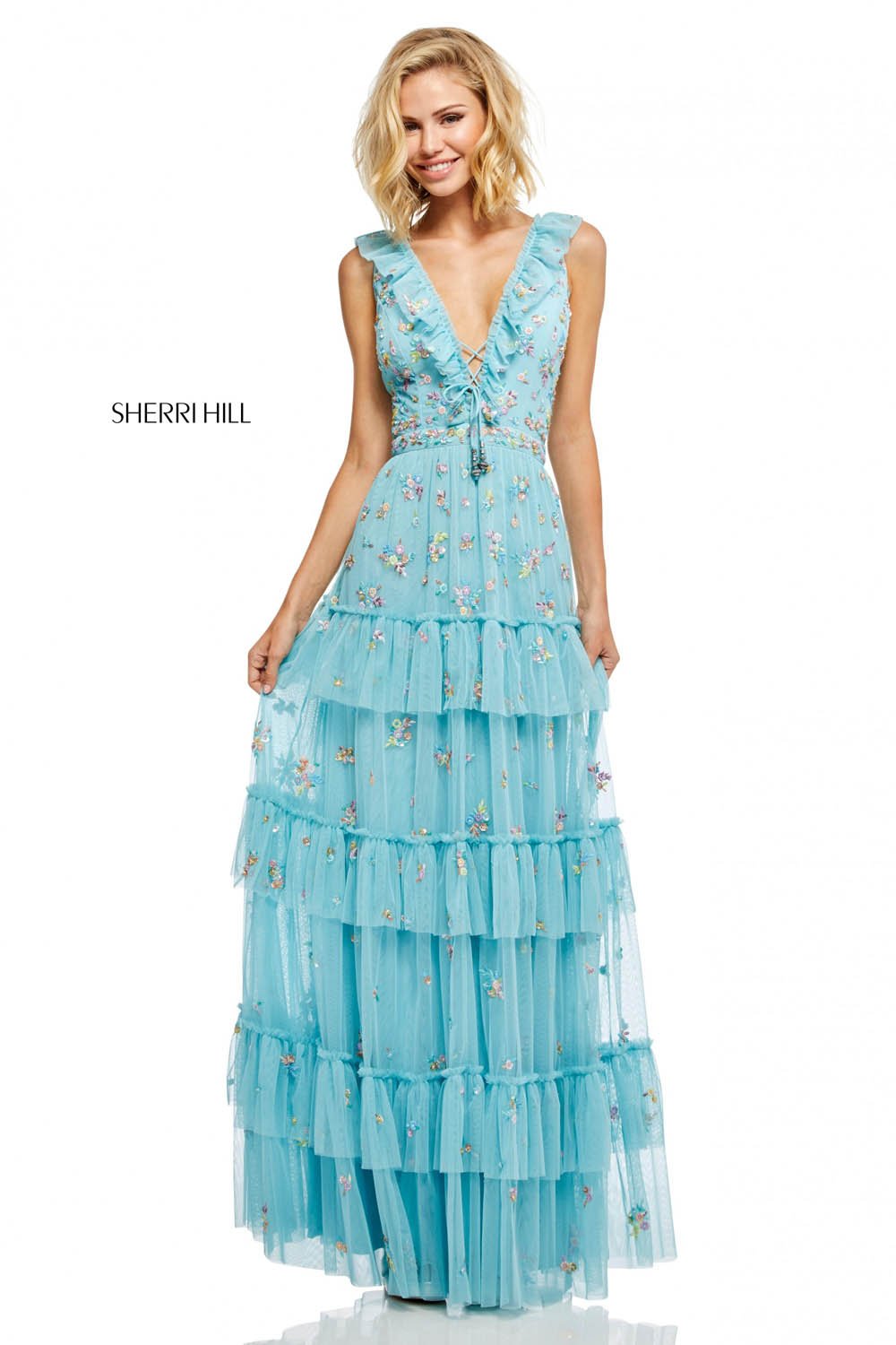 Sherri Hill 52884 dress images in these colors: Light Blue, Black, Coral, Yellow.