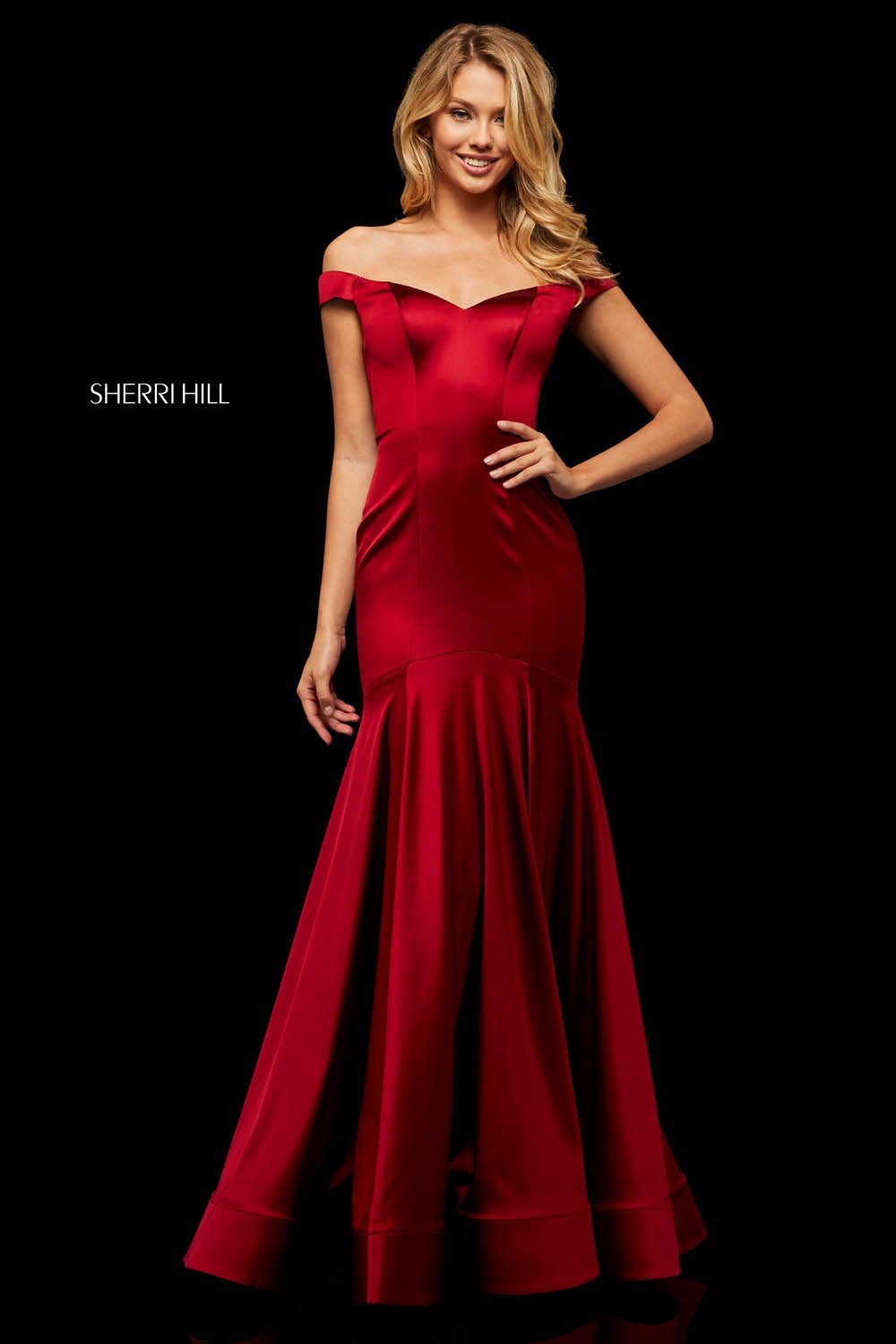 Sherri Hill 52885 dress images in these colors: Emerald, Wine, Red, Purple.