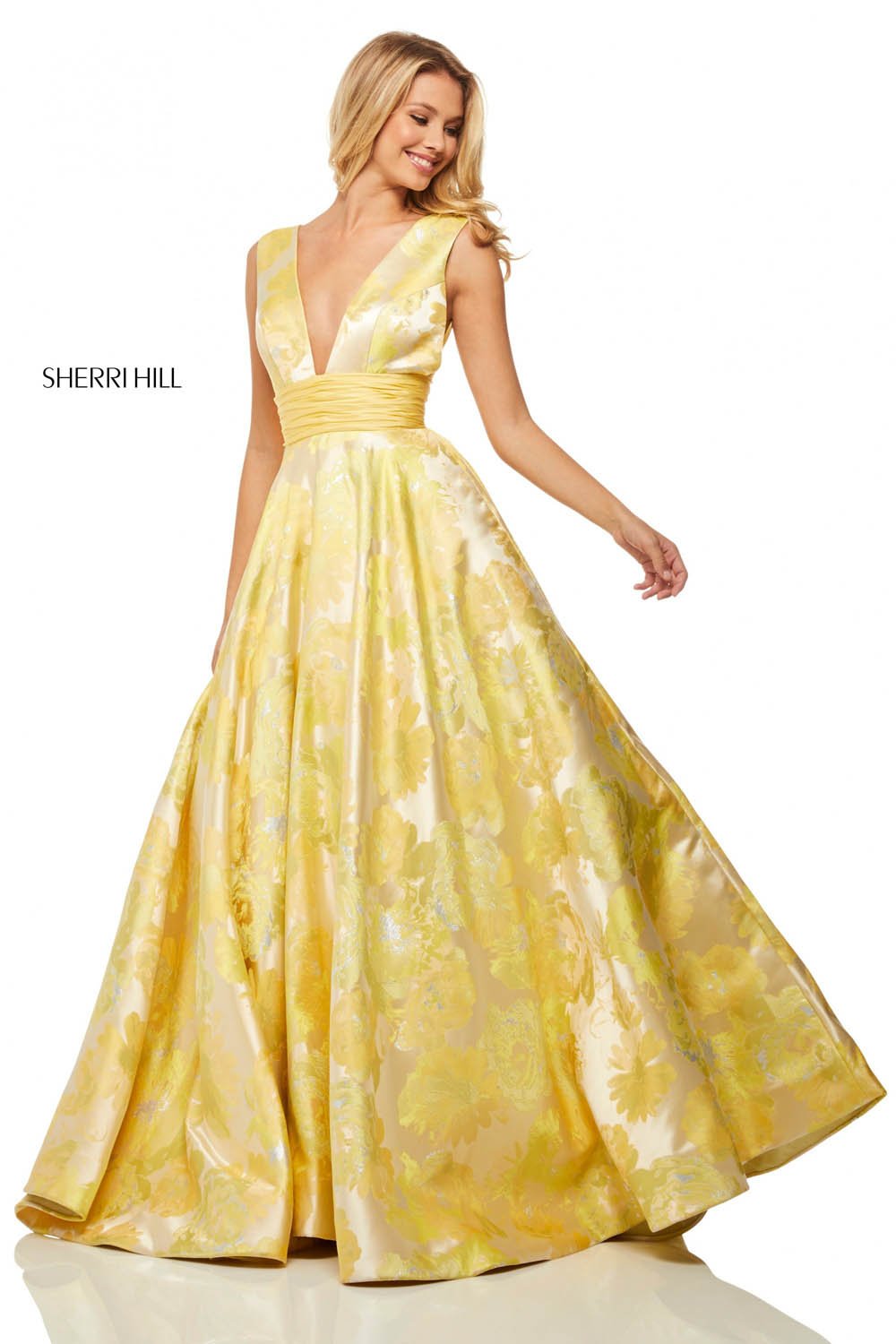 Sherri Hill 52899 dress images in these colors: Yellow Print.