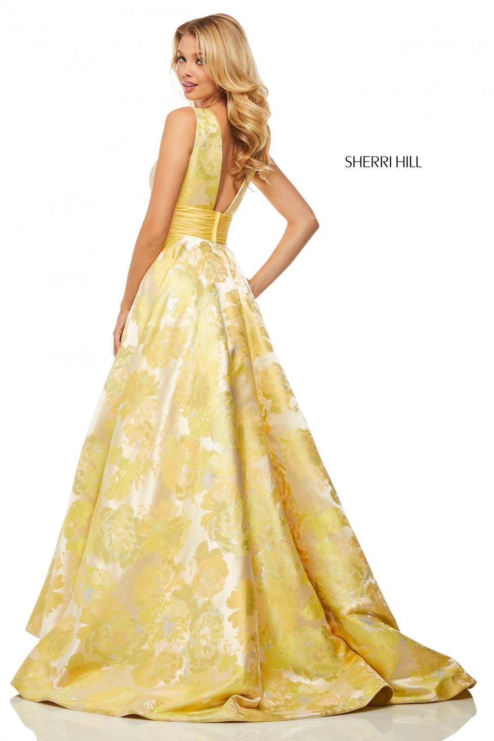 Sherri Hill 52899 dress images in these colors: Yellow Print.