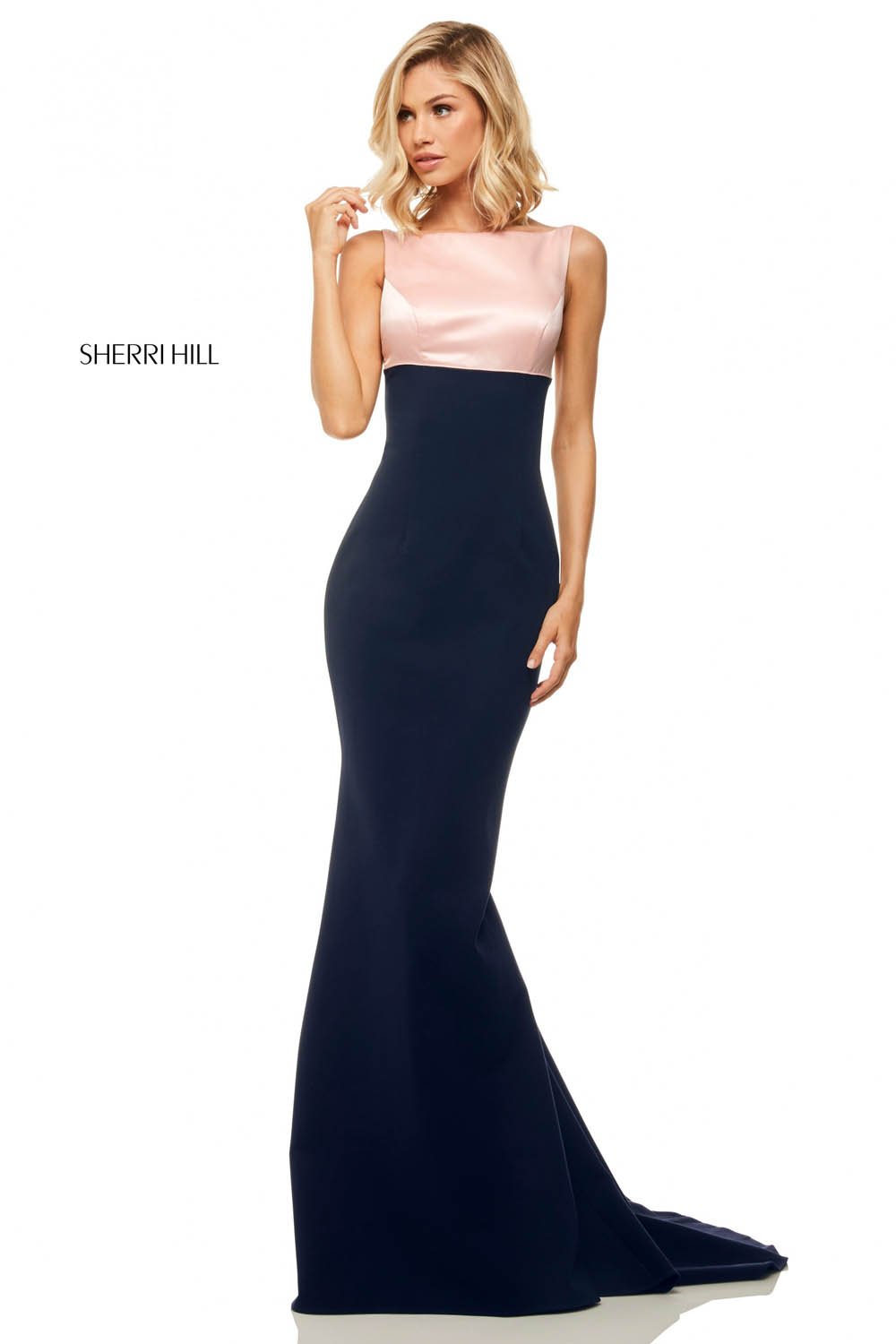 Sherri Hill 52903 dress images in these colors: Emerald Black, Blush Navy, Black Ivory, Red Black, Ivory Black.