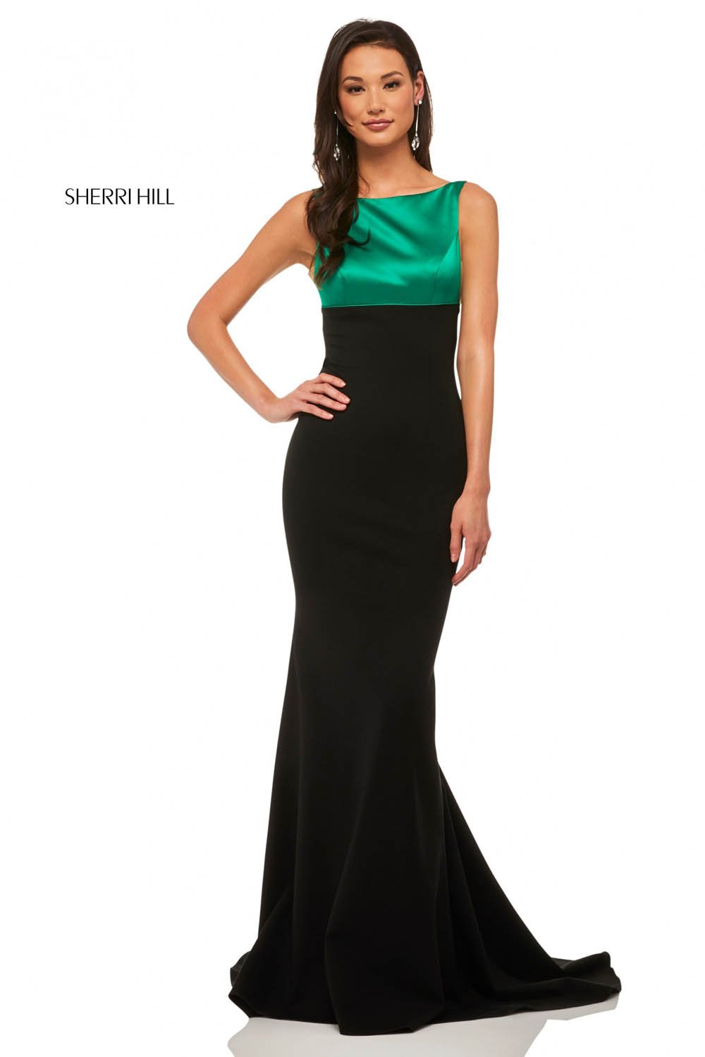 Sherri Hill 52903 dress images in these colors: Emerald Black, Blush Navy, Black Ivory, Red Black, Ivory Black.