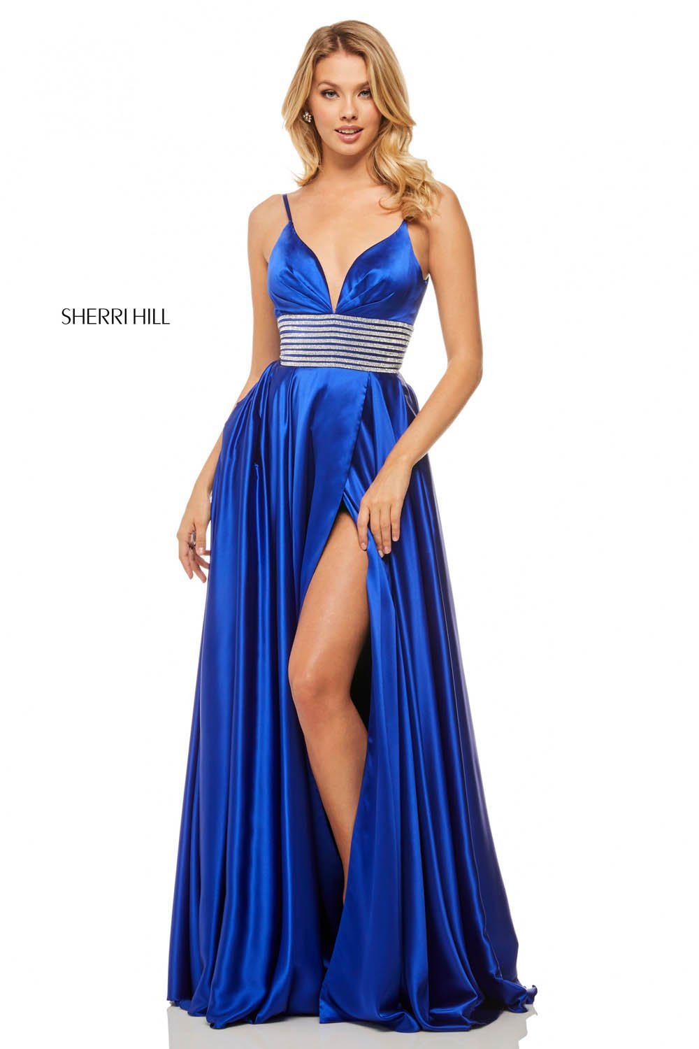 Sherri Hill 52906 dress images in these colors: Royal, Emerald, Red, Black, Ivory.