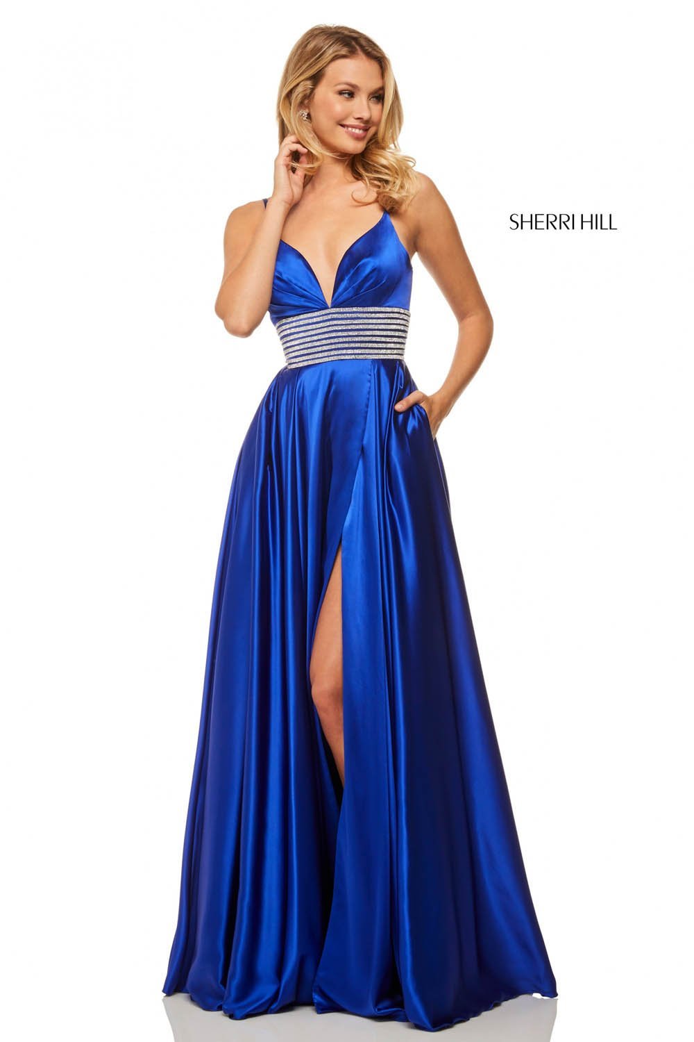 Sherri Hill 52906 dress images in these colors: Royal, Emerald, Red, Black, Ivory.