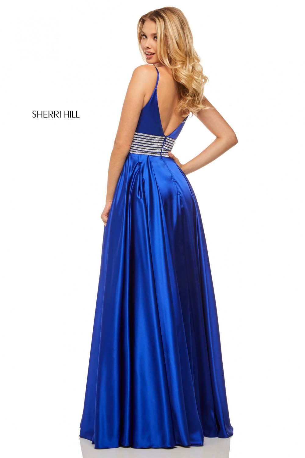 Sherri Hill 52906 dress images in these colors: Royal, Emerald, Red, Black, Ivory.