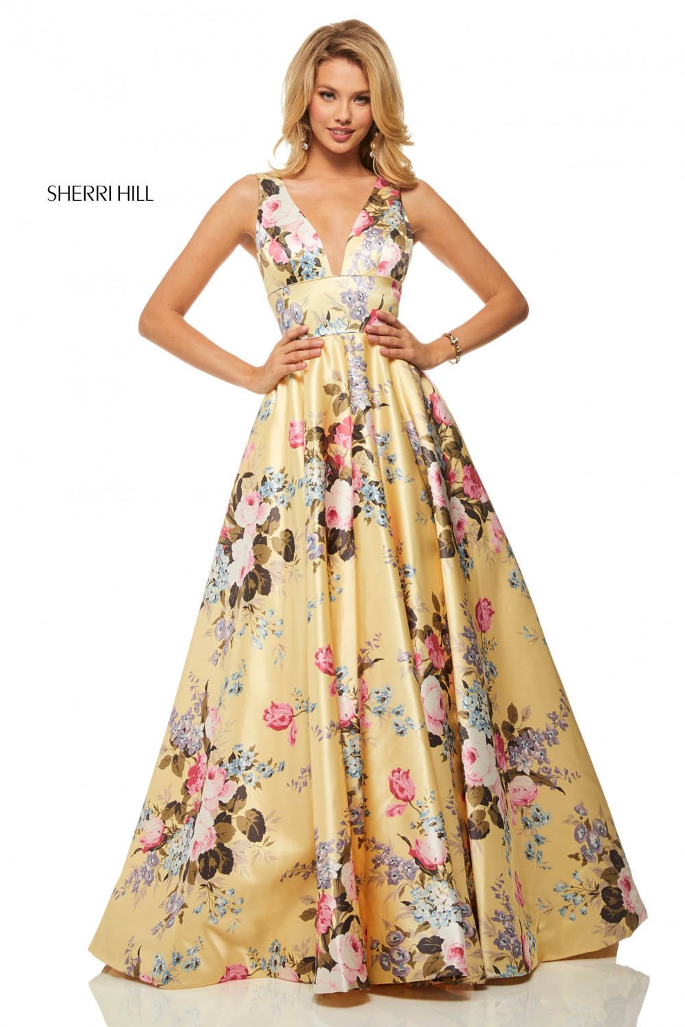 Sherri Hill 52909 dress images in these colors: Ivory Print, Yellow Print, Light Blue Print, Aqua Print.