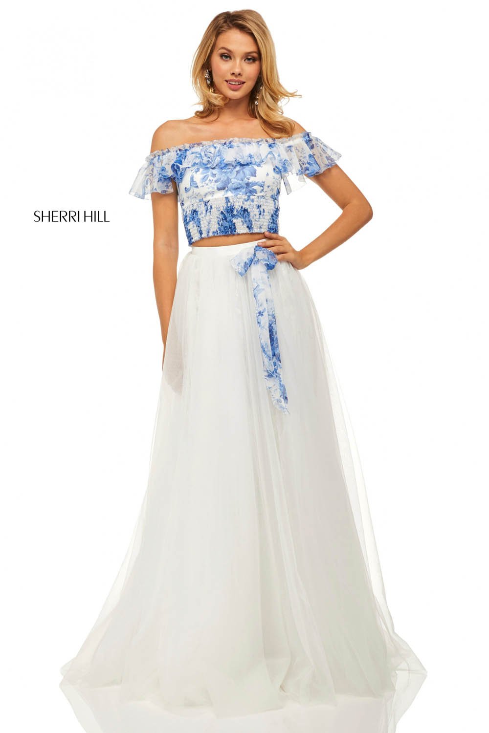 Sherri Hill 52910 dress images in these colors: Blue Ivory Print.