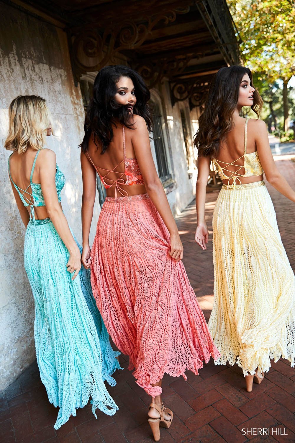 Sherri Hill 52914 dress images in these colors: Aqua, Yellow, Coral.