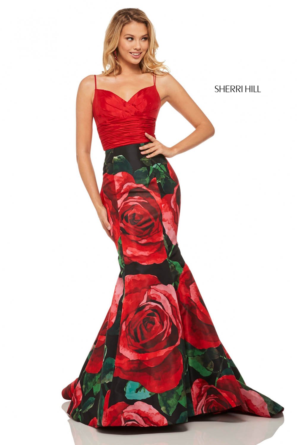 Sherri Hill 52930 dress images in these colors: Red Black Print.