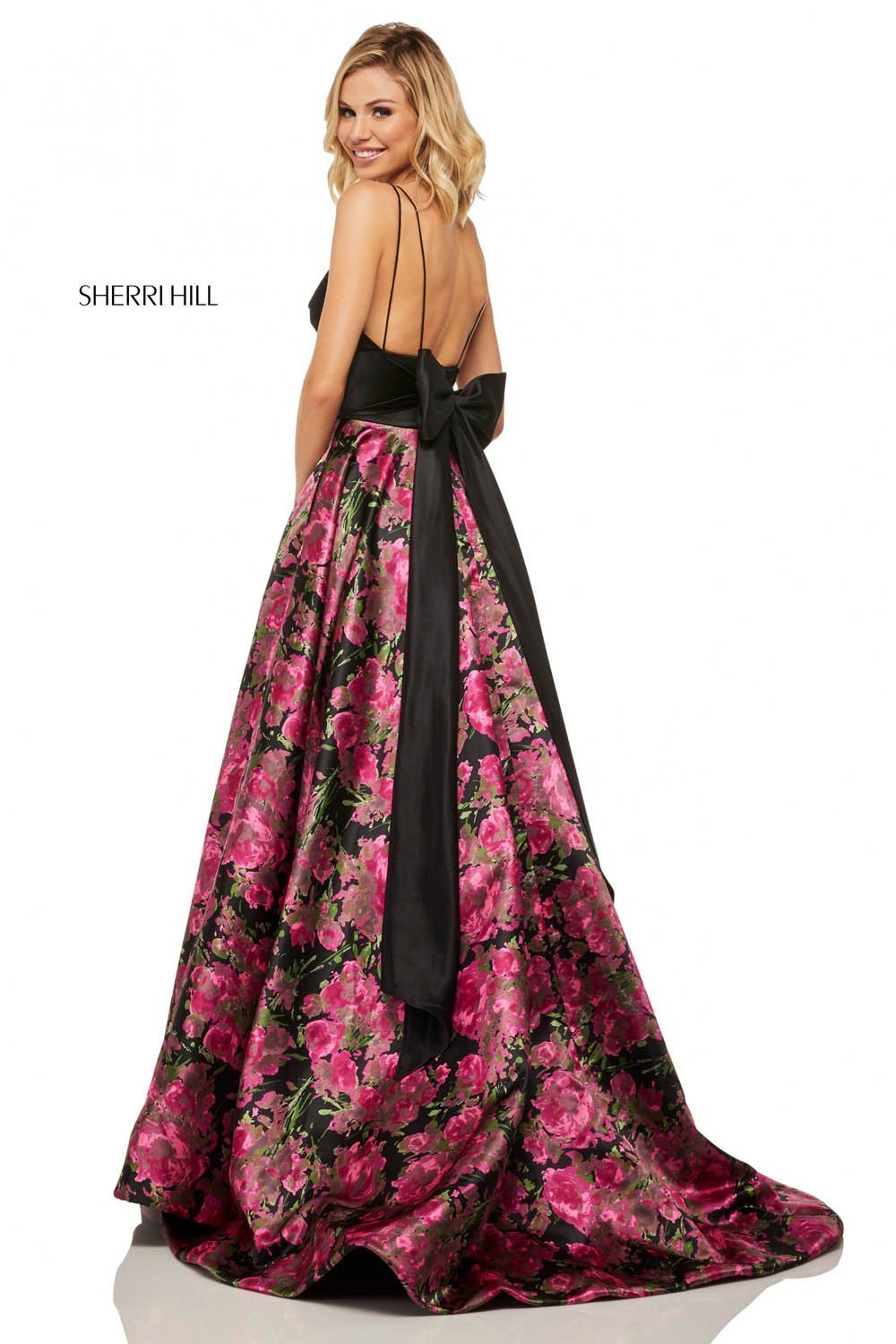 Sherri Hill 52931 dress images in these colors: Black Fuchsia Print.