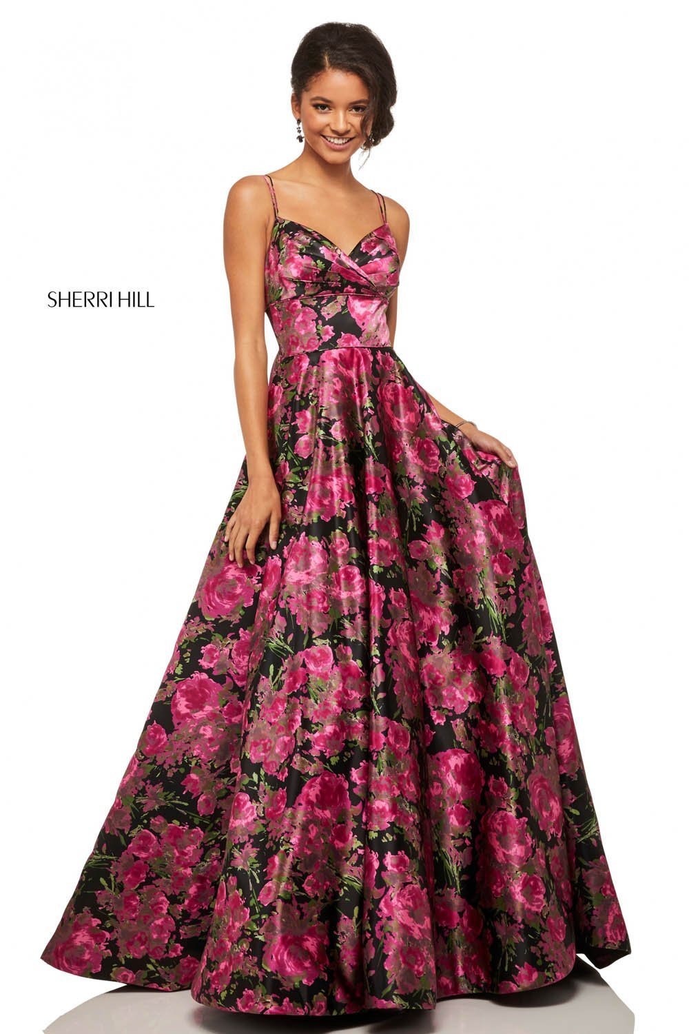 Sherri Hill 52932 dress images in these colors: Black Fuchsia Print.