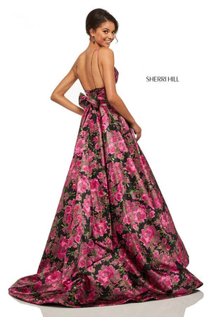 Sherri Hill 52932 dress images in these colors: Black Fuchsia Print.